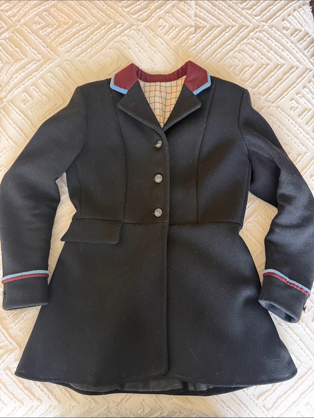 Horse Country Womens Black Tailored Wool-Blend Jacket with Burgundy/Blue Trim